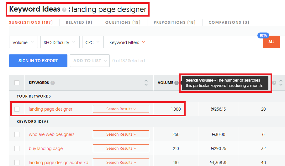 landing page search volume II