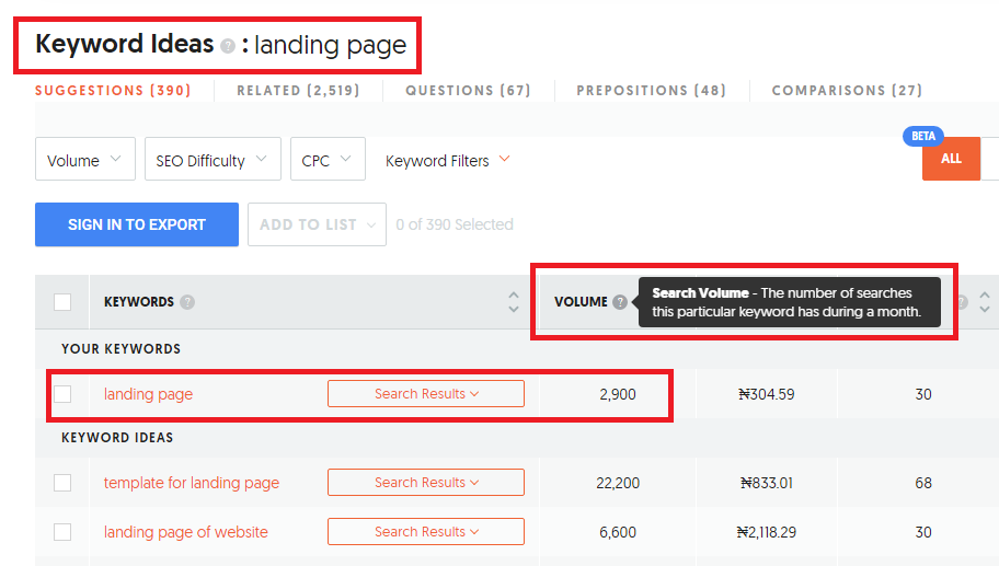 landing page search volume