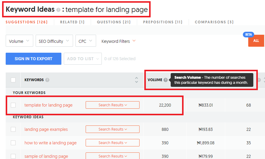 template for landing page search volume